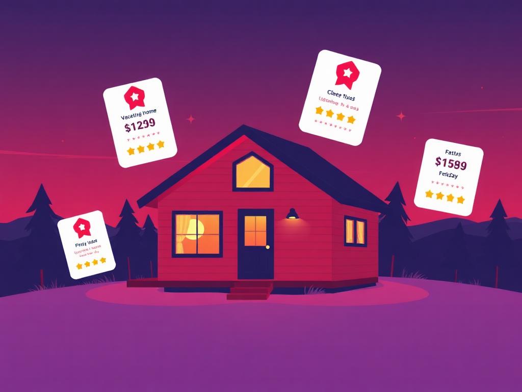 Illustration of a vacation rental with floating audit score and competitor cards
